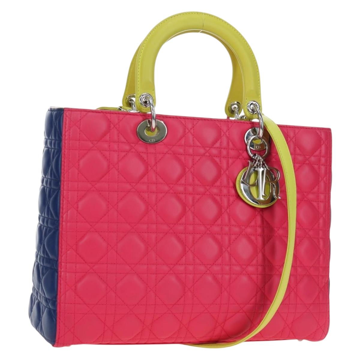 Christian Dior Canage Lady Dior Hand Bag Lamb Skin 2way Pink Silver Auth 195537M