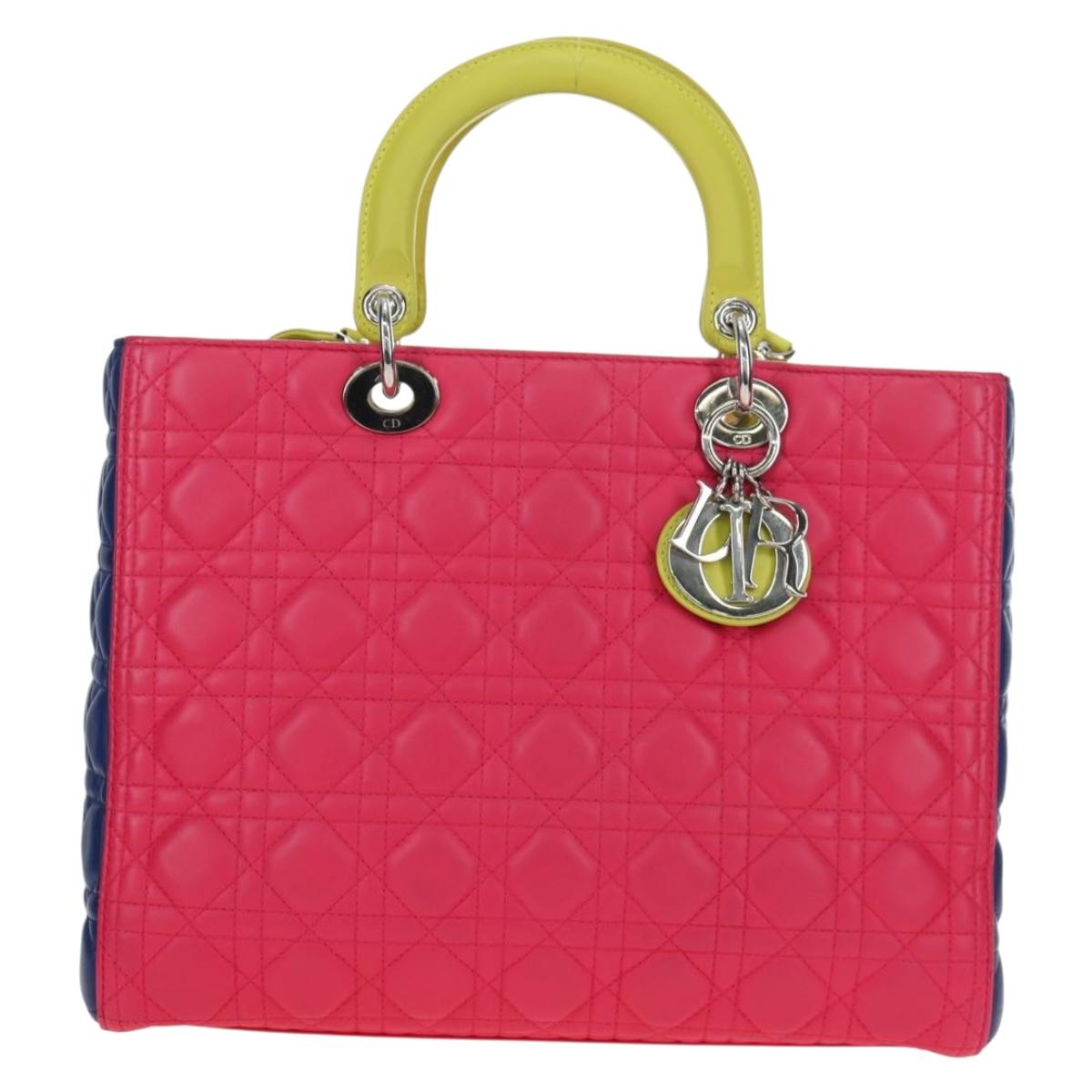 Christian Dior Canage Lady Dior Hand Bag Lamb Skin 2way Pink Silver Auth 195537M