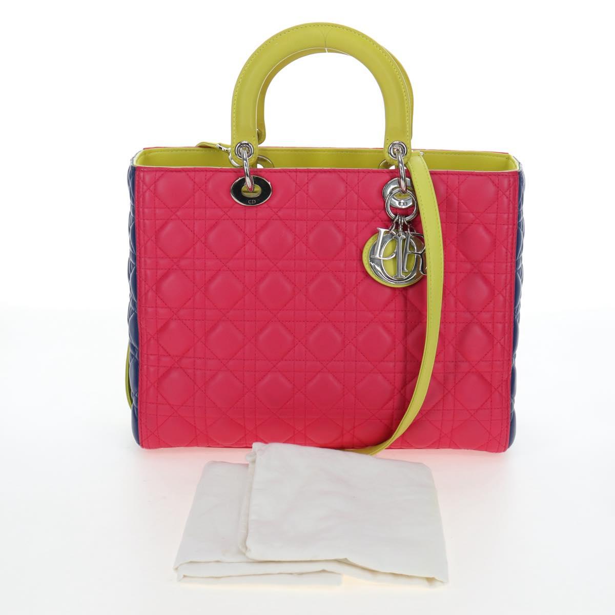 Christian Dior Canage Lady Dior Hand Bag Lamb Skin 2way Pink Silver Auth 195537M