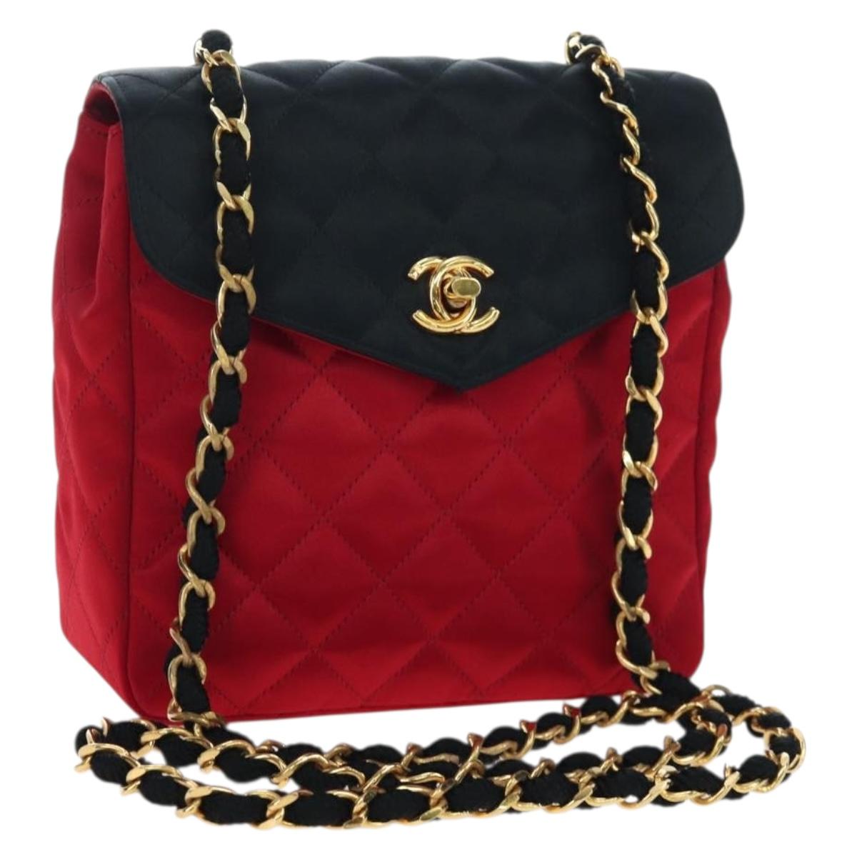 CHANEL Matelasse Chain Shoulder Bag Satin Red Gold CC Auth 195562V