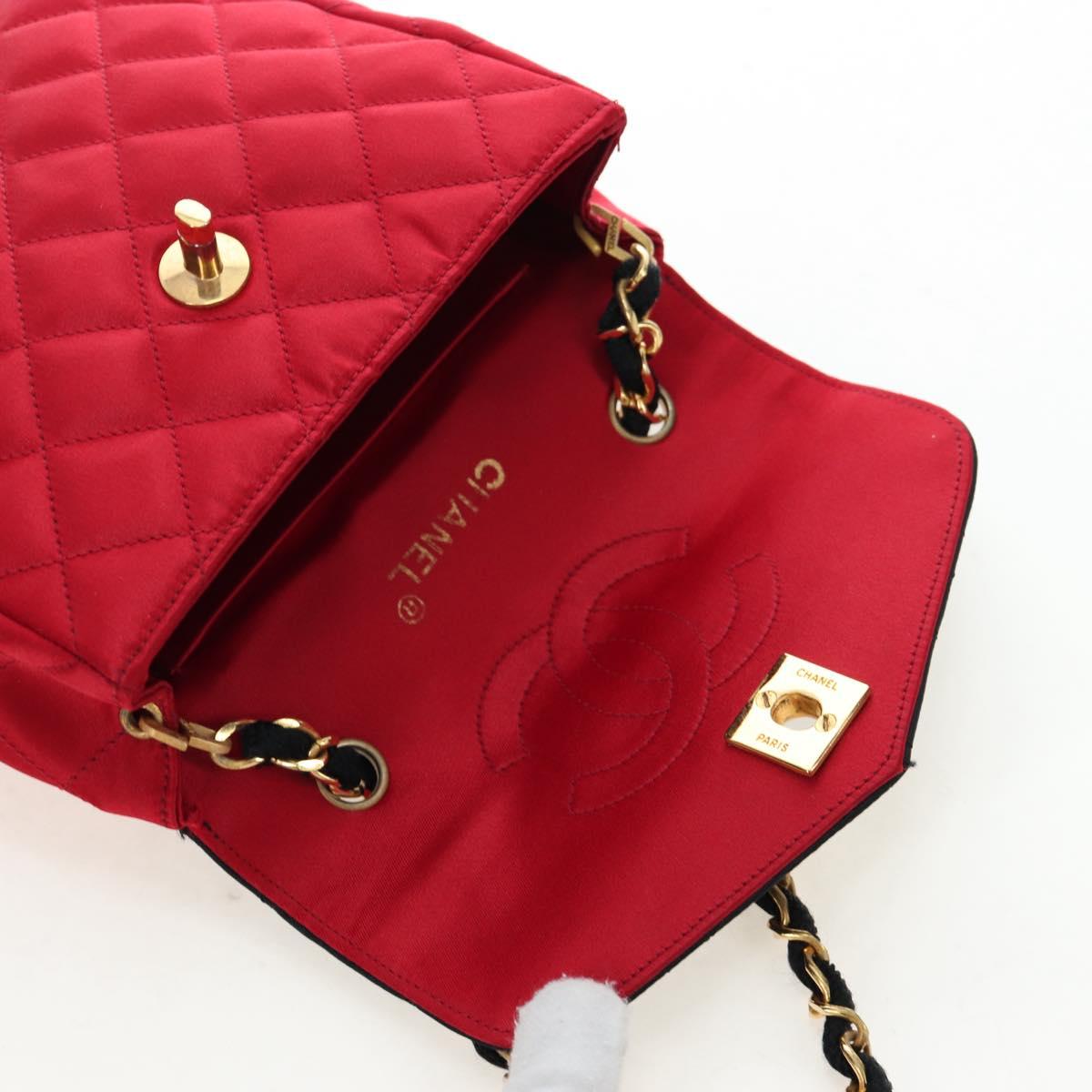 CHANEL Matelasse Chain Shoulder Bag Satin Red Gold CC Auth 195562V