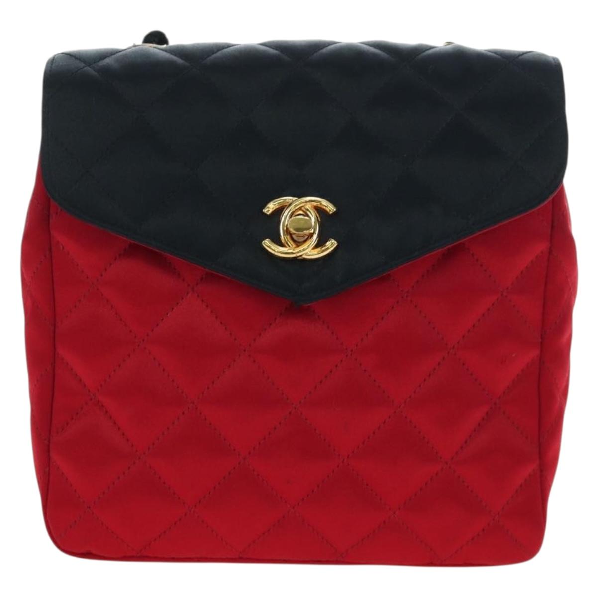CHANEL Matelasse Chain Shoulder Bag Satin Red Gold CC Auth 195562V