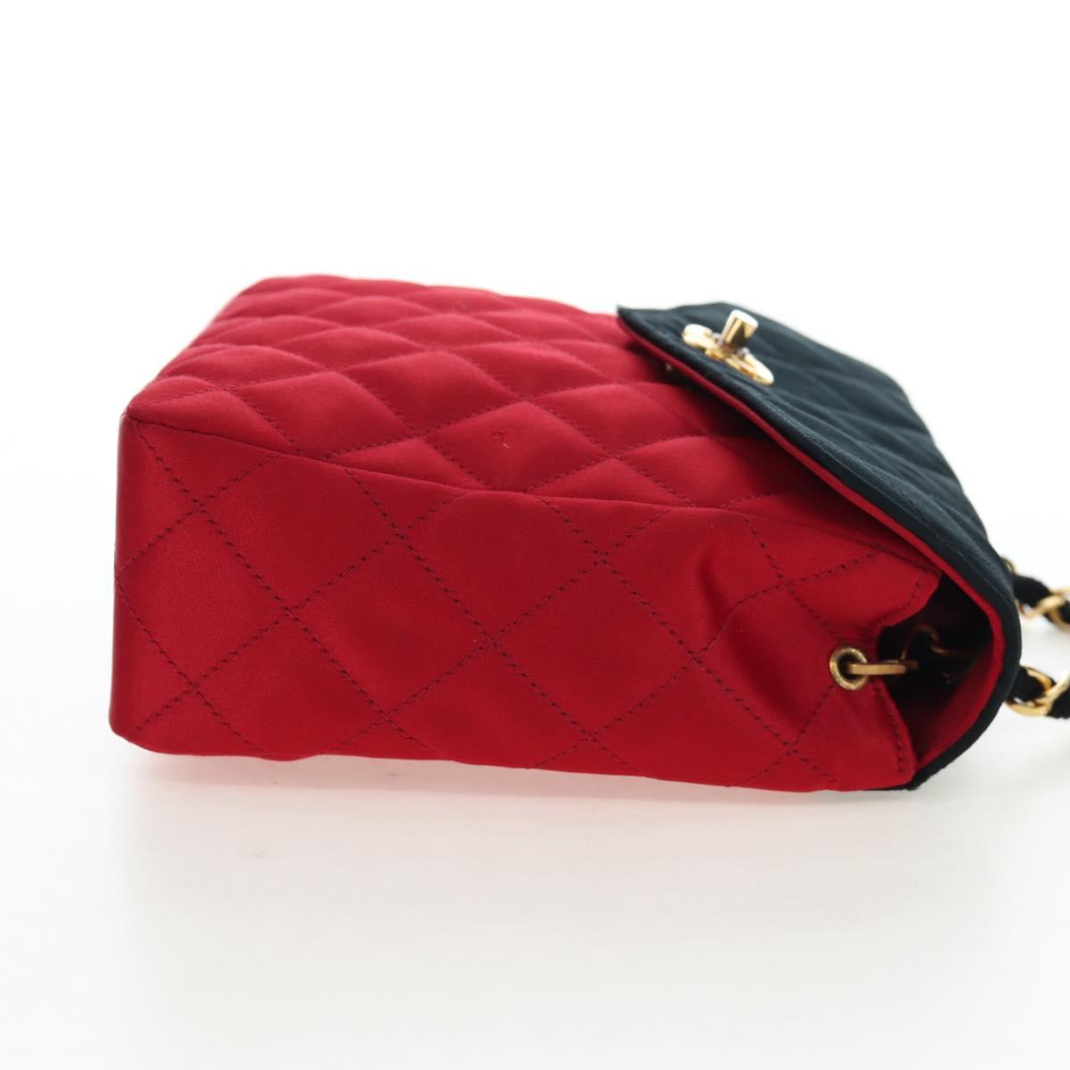 CHANEL Matelasse Chain Shoulder Bag Satin Red Gold CC Auth 195562V