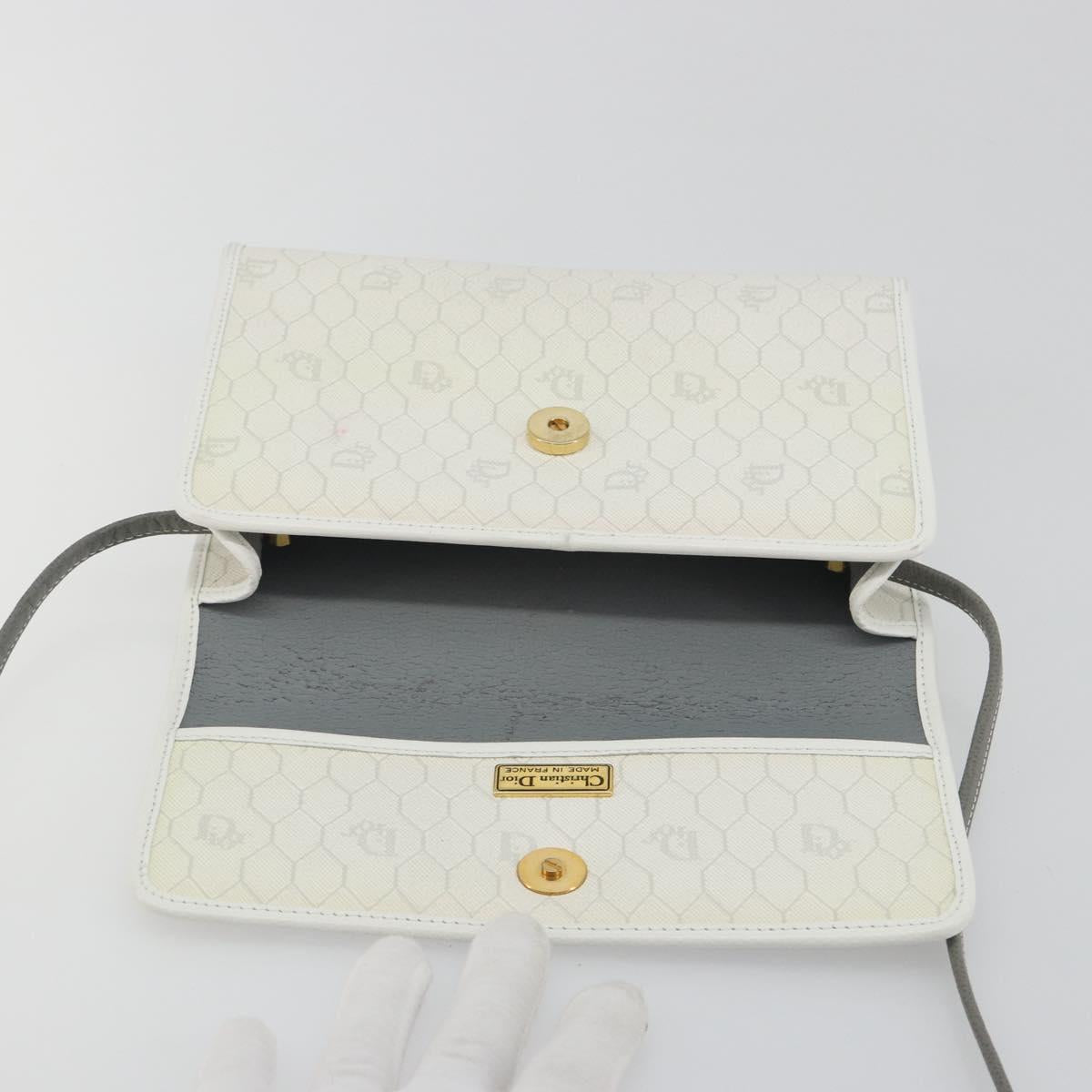 Christian Dior Honeycomb Canvas Shoulder Bag PVC White Gold Auth 195565