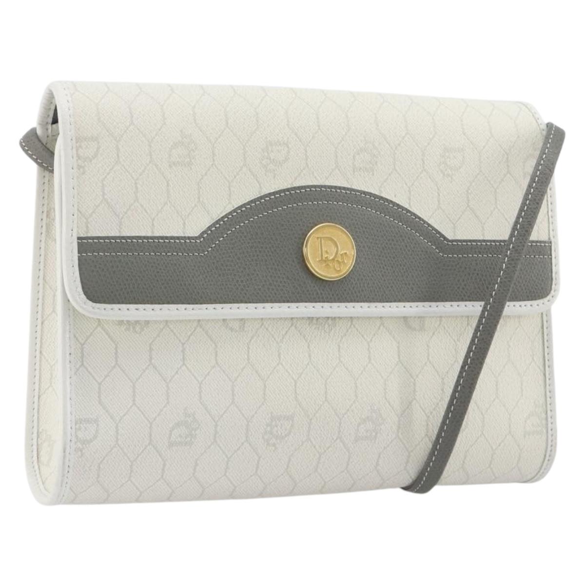 Christian Dior Honeycomb Canvas Shoulder Bag PVC White Gold Auth 195565