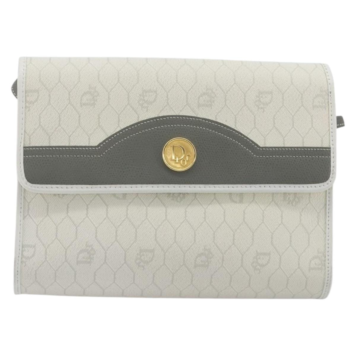 Christian Dior Honeycomb Canvas Shoulder Bag PVC White Gold Auth 195565
