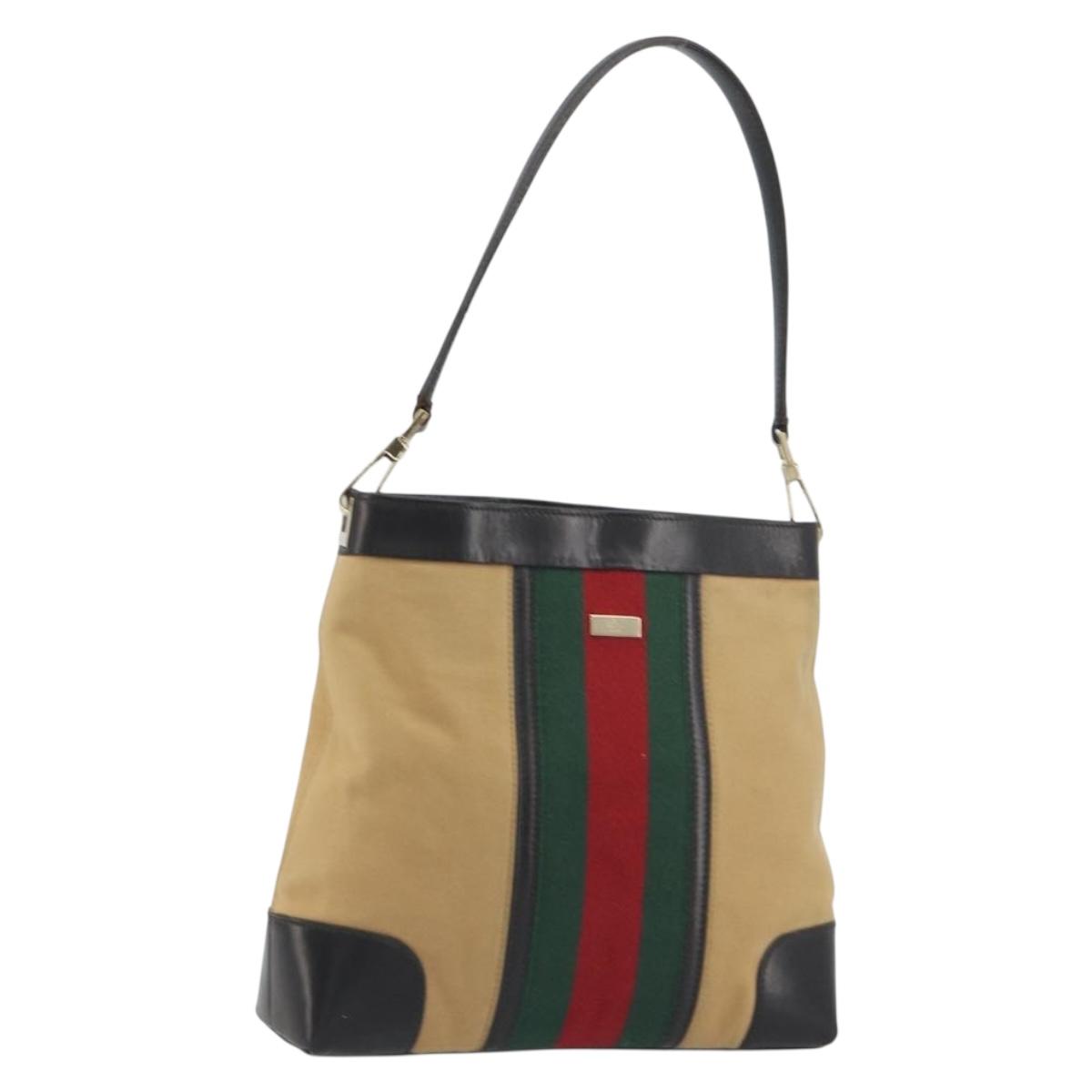 GUCCI Web Sherry Line Shoulder Bag Canvas Beige Gold Auth 195574A