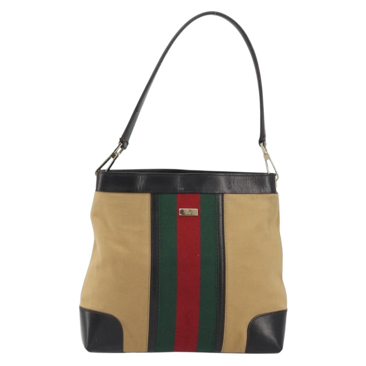 GUCCI Web Sherry Line Shoulder Bag Canvas Beige Gold Auth 195574A