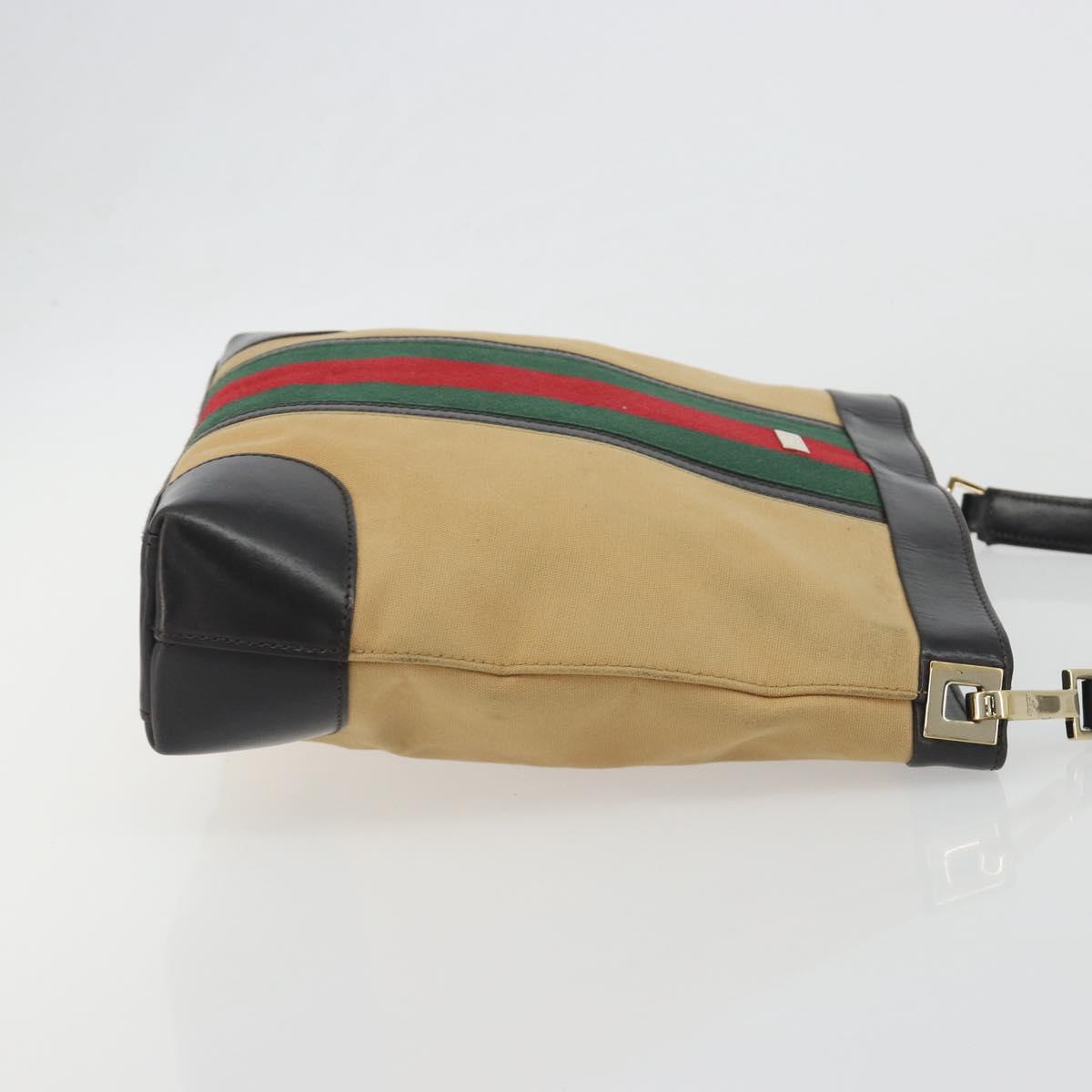 GUCCI Web Sherry Line Shoulder Bag Canvas Beige Gold Auth 195574A