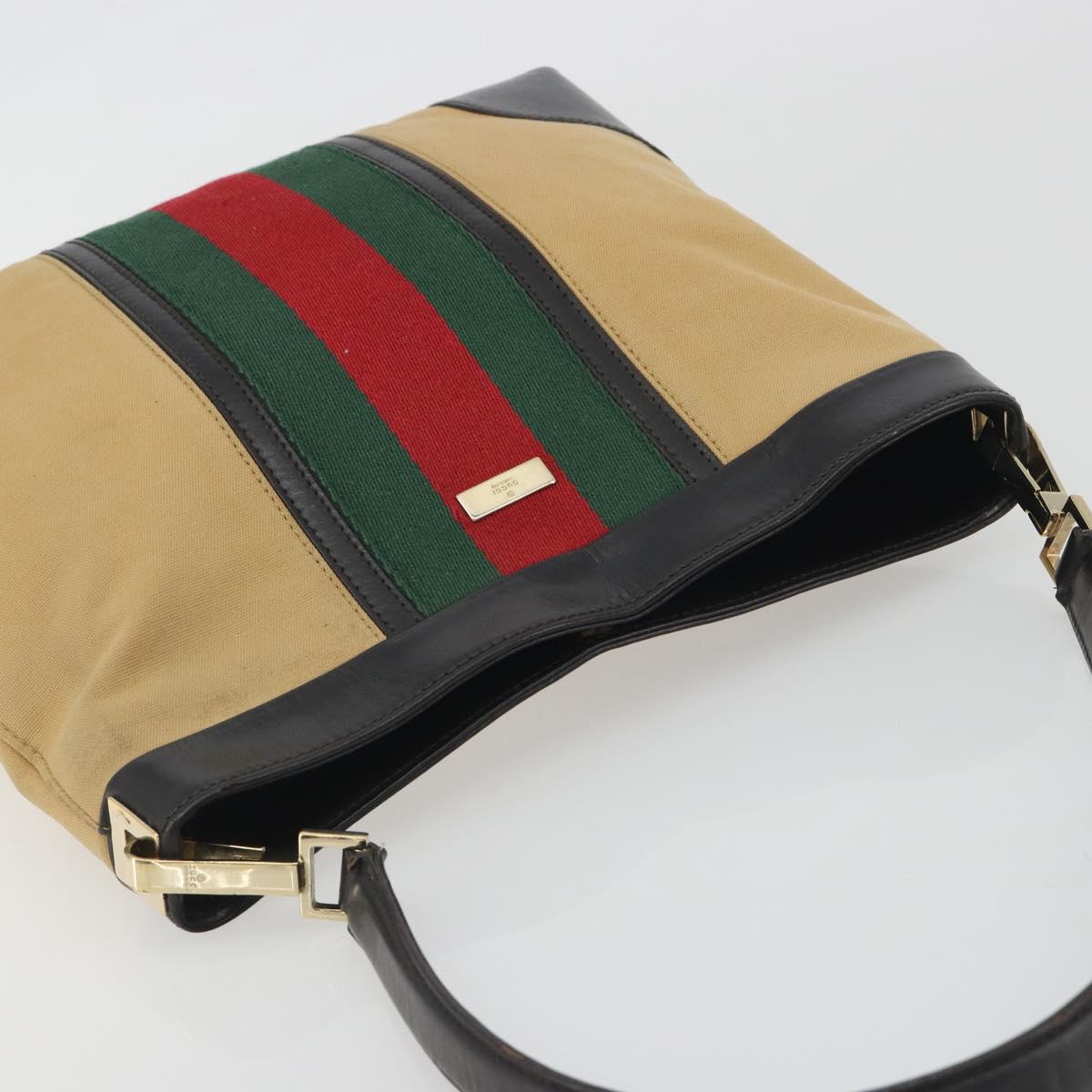 GUCCI Web Sherry Line Shoulder Bag Canvas Beige Gold Auth 195574A