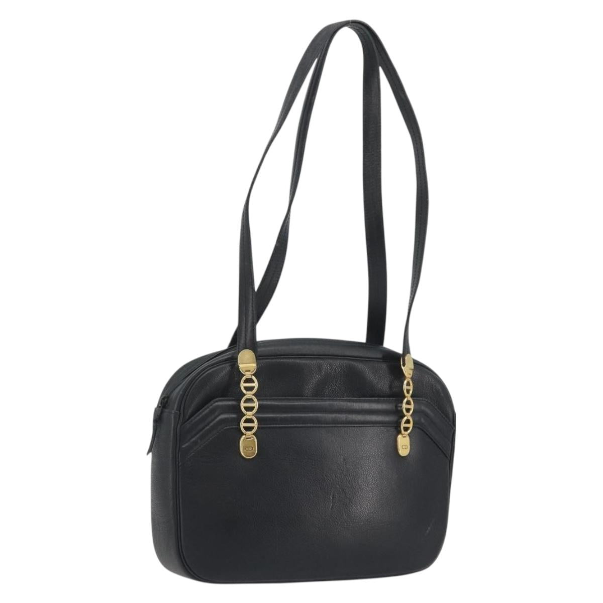 Christian Dior Tote Bag Leather Black Gold Auth 195576A