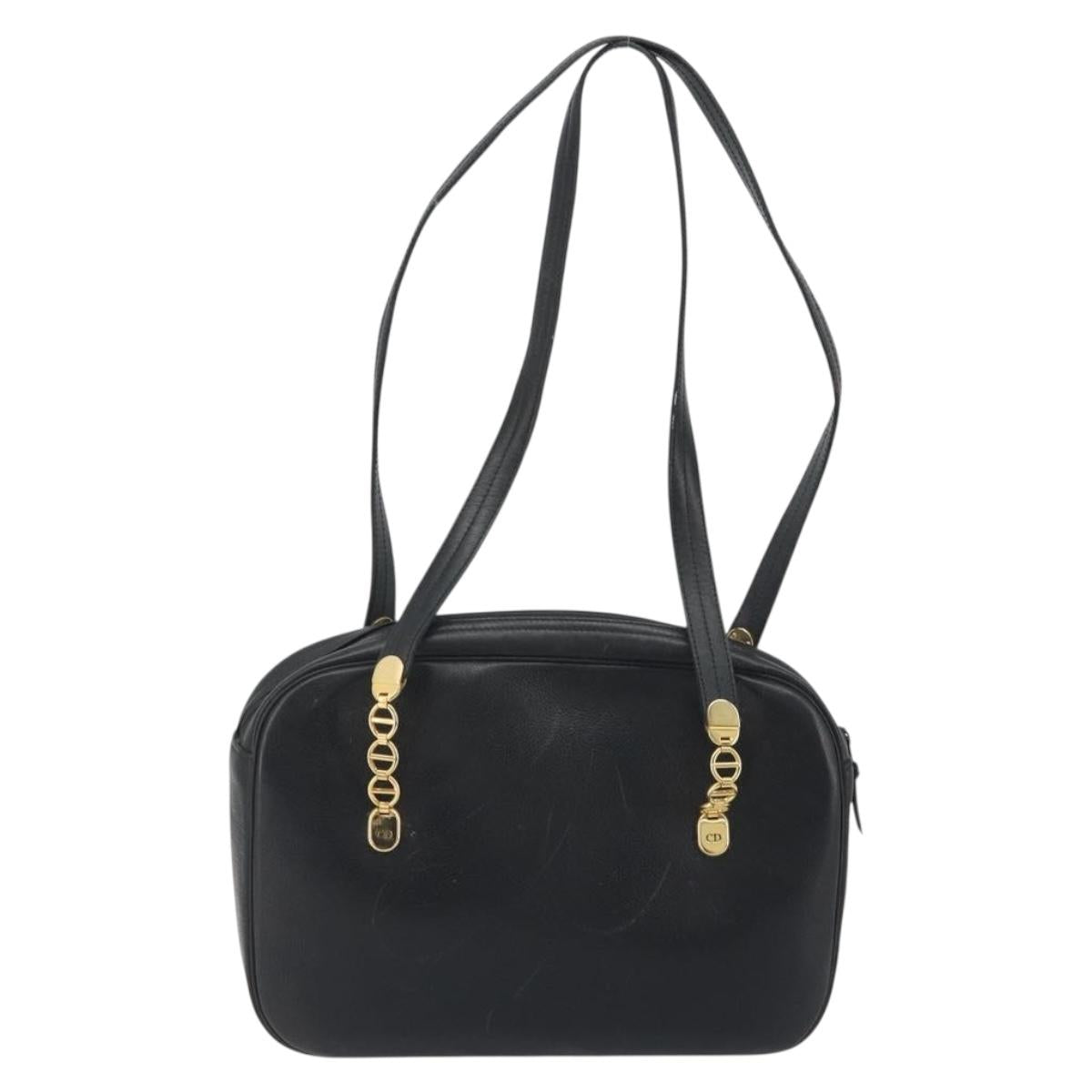 Christian Dior Tote Bag Leather Black Gold Auth 195576A