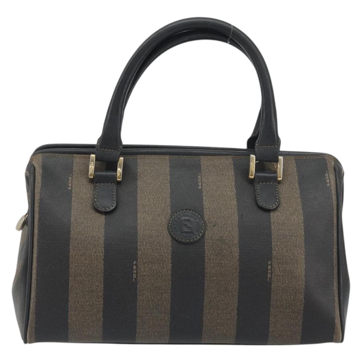 FENDI Pecan Canvas Boston Bag PVC Black Brown Auth 195590