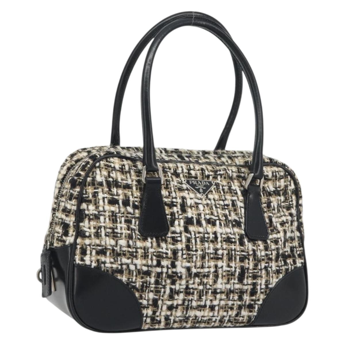 PRADA Boston Bag Tweed Black Silver Auth 195598V