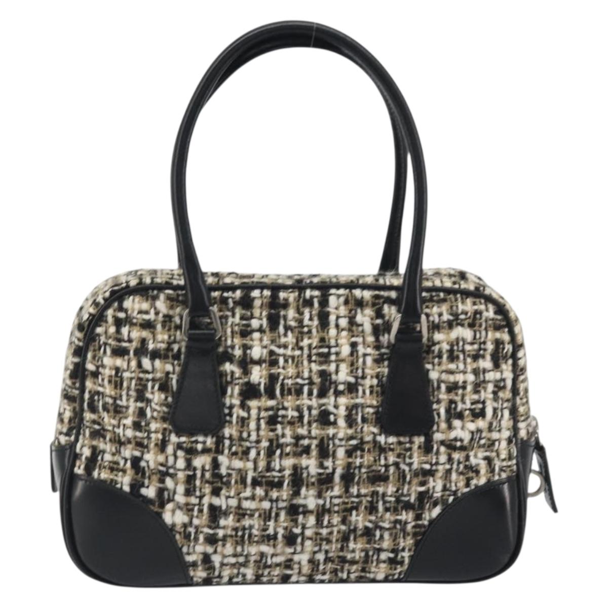 PRADA Boston Bag Tweed Black Silver Auth 195598V