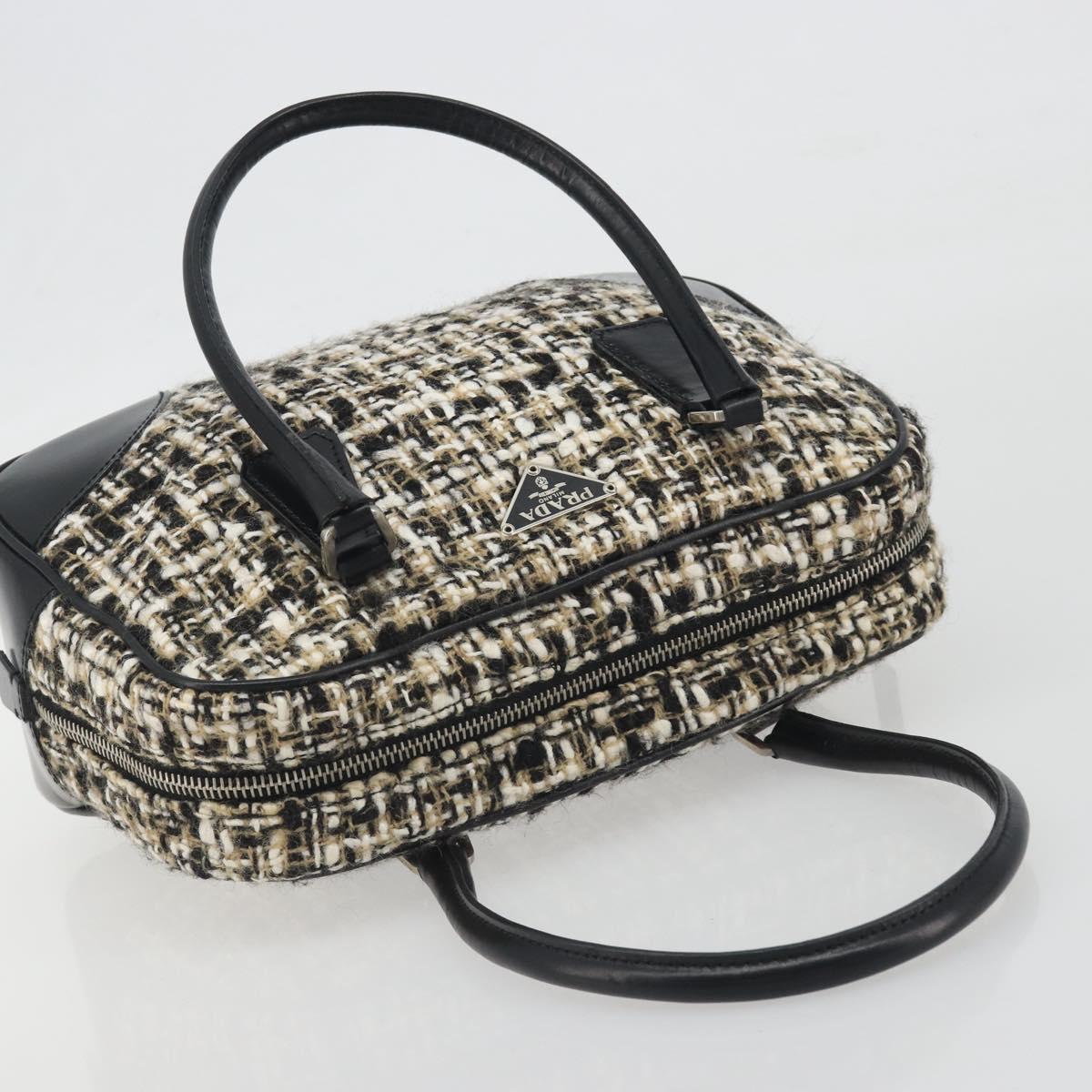 PRADA Boston Bag Tweed Black Silver Auth 195598V