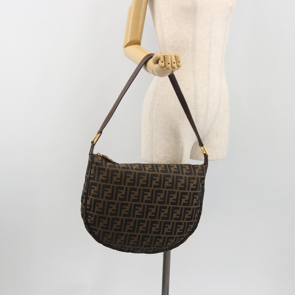 FENDI Zucca Canvas Shoulder Bag Brown Black Auth 195599