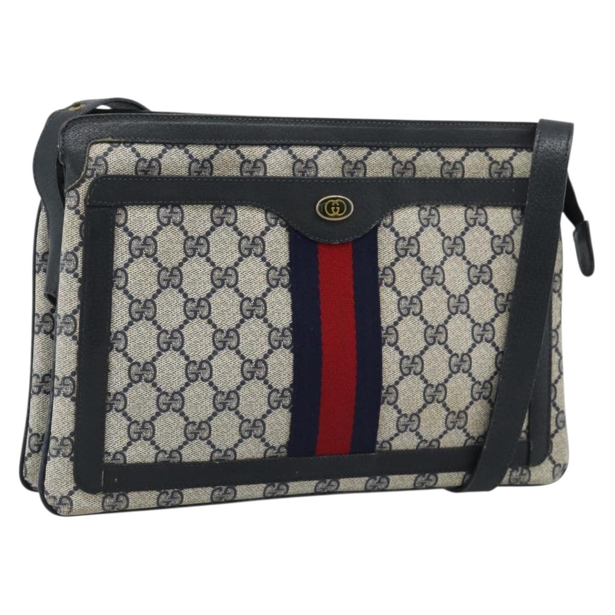 GUCCI GG Supreme Sherry Line Bag PVC Leather Navy Gold 02 14 013 Auth 195601