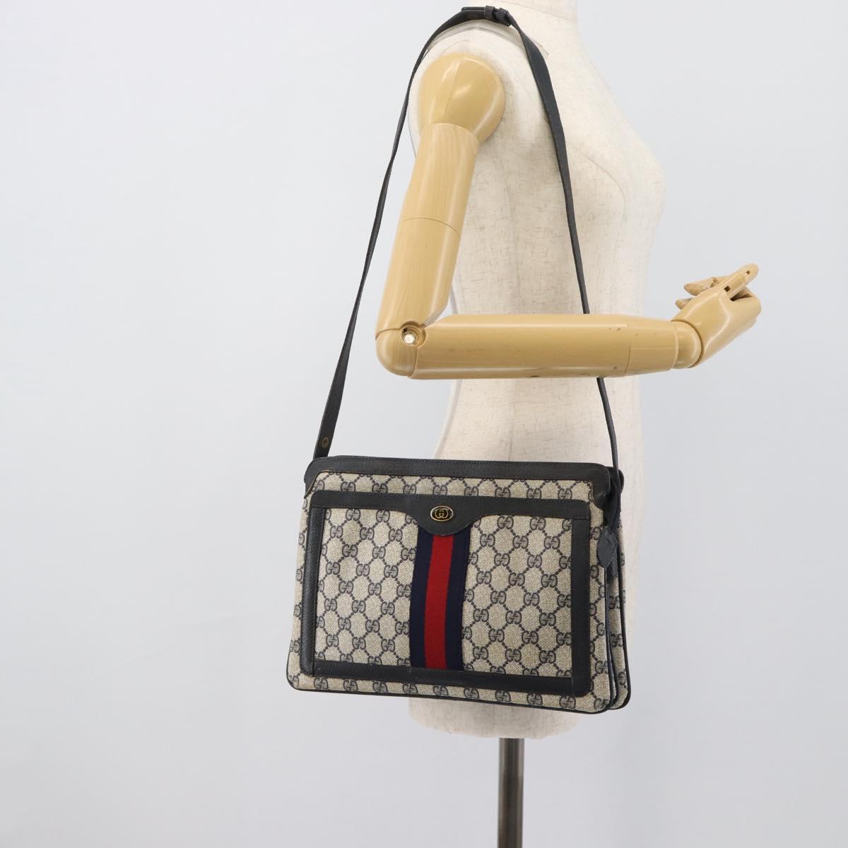 GUCCI GG Supreme Sherry Line Bag PVC Leather Navy Gold 02 14 013 Auth 195601