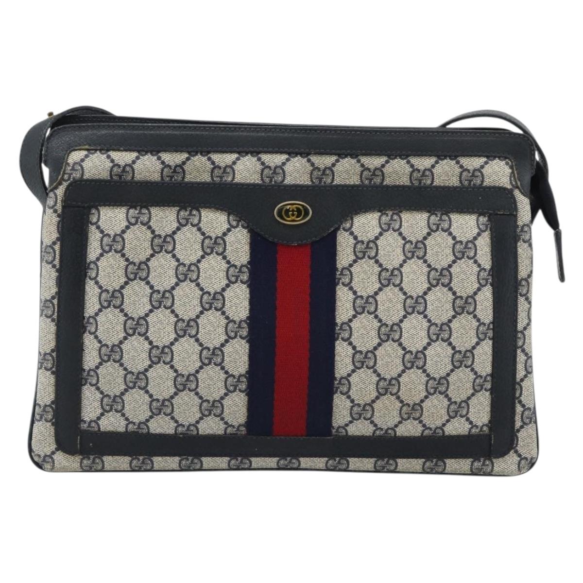 GUCCI GG Supreme Sherry Line Bag PVC Leather Navy Gold 02 14 013 Auth 195601
