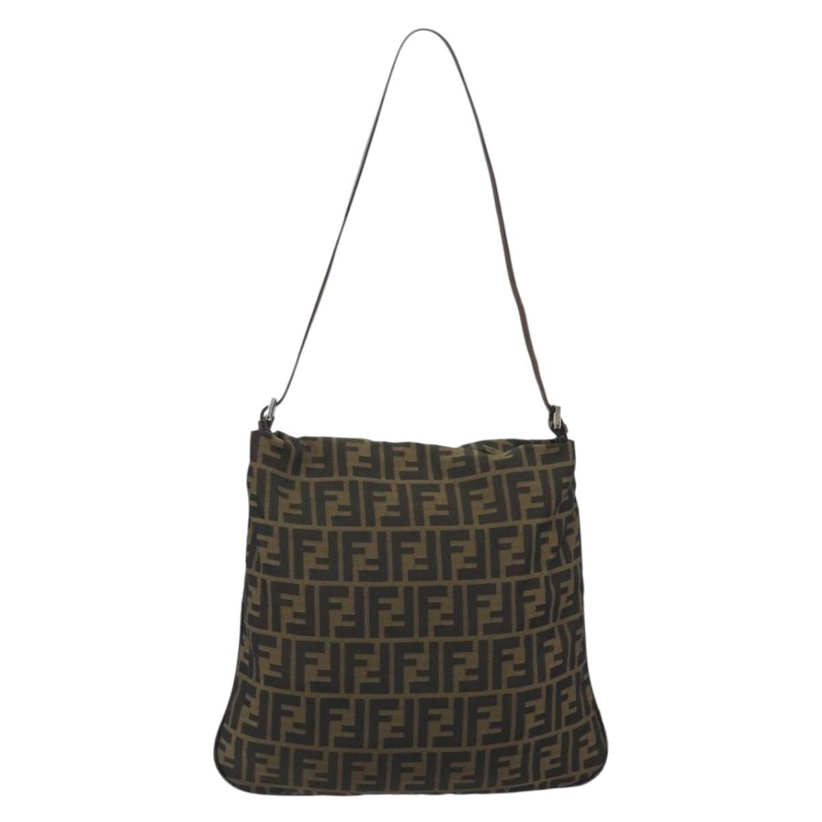 FENDI Zucca Canvas Shoulder Bag Brown Black Auth 195603