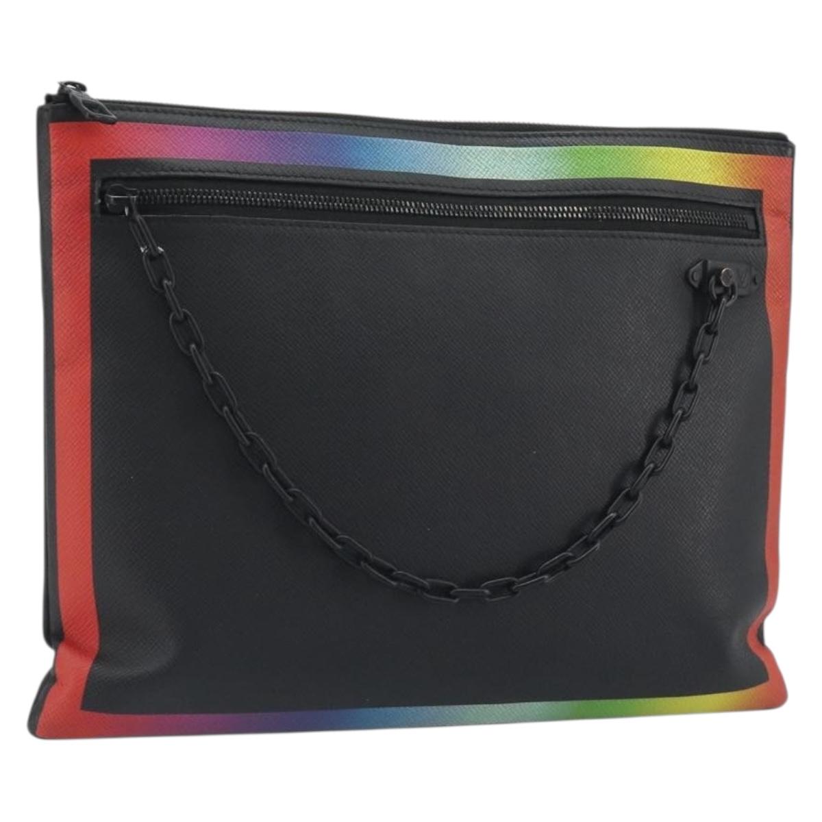LOUIS VUITTON taiga rainbow Chain Pochette A4 Bag Black M30347 LV Auth 195606A
