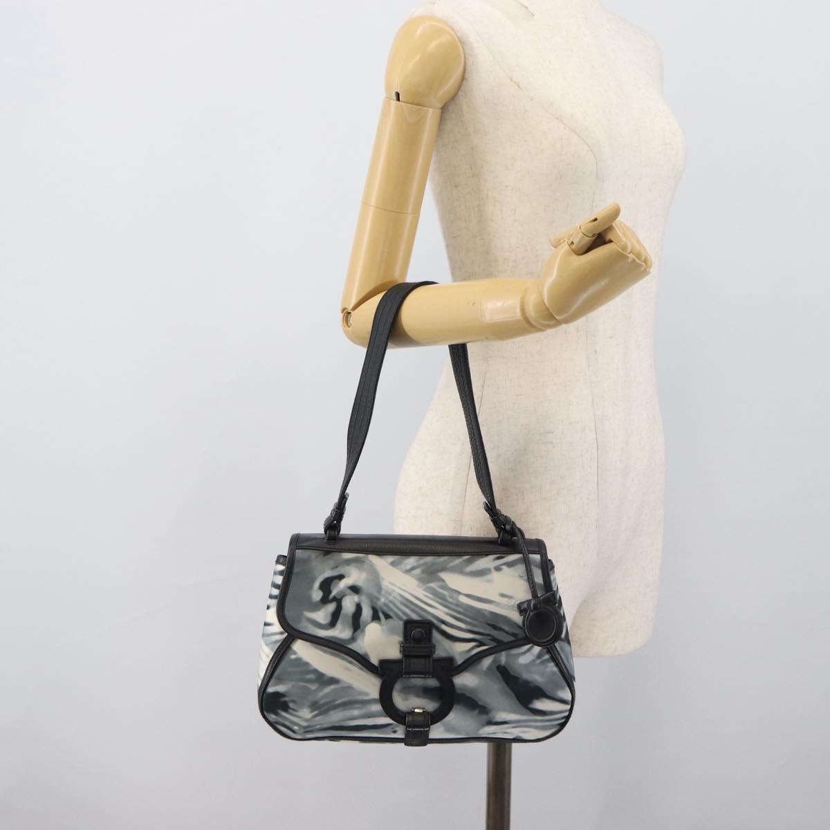 Salvatore Ferragamo Gancini Shoulder Bag Nylon Gray Silver Auth 195614A