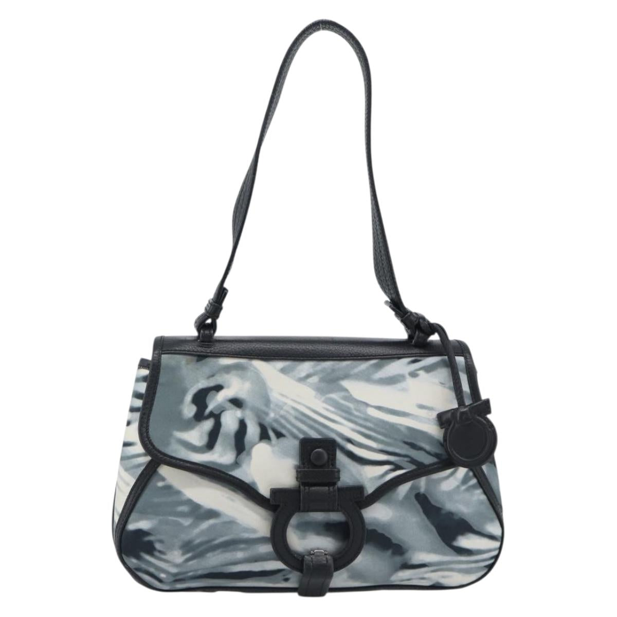 Salvatore Ferragamo Gancini Shoulder Bag Nylon Gray Silver Auth 195614A