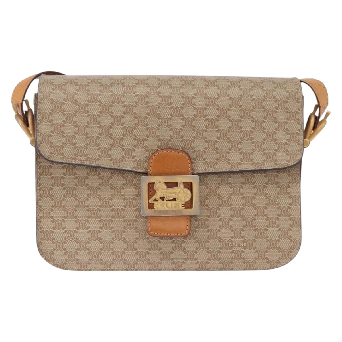 CELINE Macadam Canvas Shoulder Bag PVC Beige Gold Auth 195634