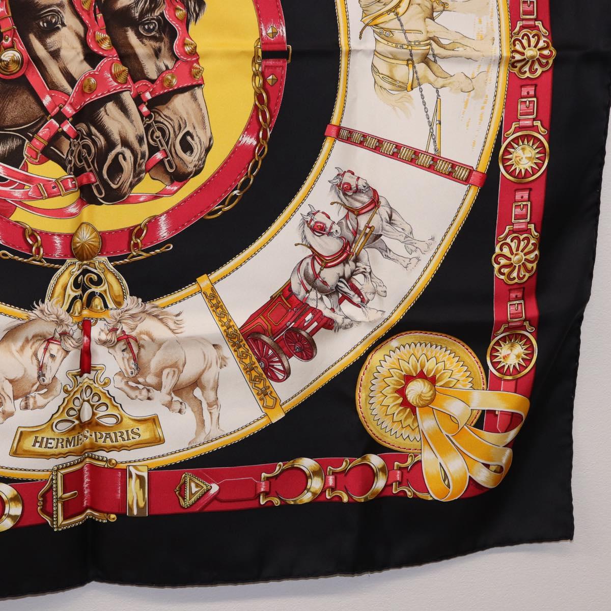 HERMES Carre 90 Scarf ”CHEVAUX DE TRAIT” Silk Black Auth 195641M