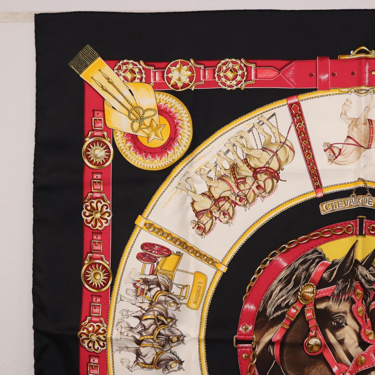 HERMES Carre 90 Scarf ”CHEVAUX DE TRAIT” Silk Black Auth 195641M