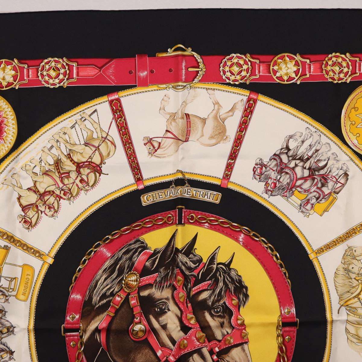 HERMES Carre 90 Scarf ”CHEVAUX DE TRAIT” Silk Black Auth 195641M