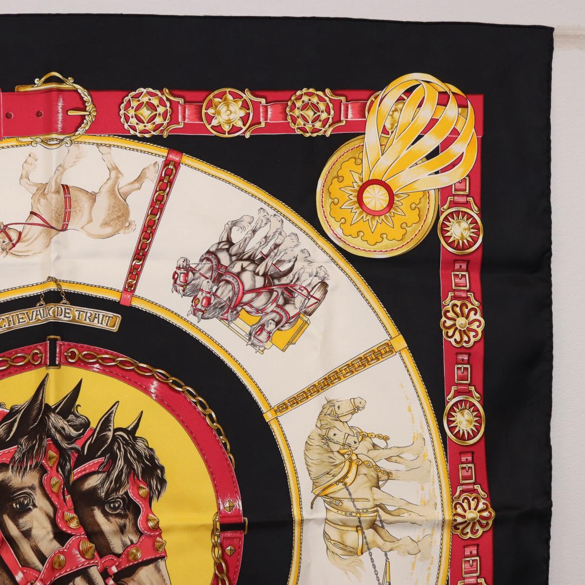 HERMES Carre 90 Scarf ”CHEVAUX DE TRAIT” Silk Black Auth 195641M