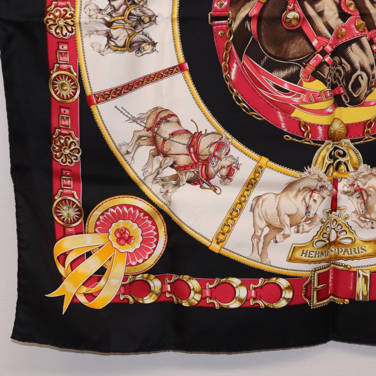 HERMES Carre 90 Scarf ”CHEVAUX DE TRAIT” Silk Black Auth 195641M