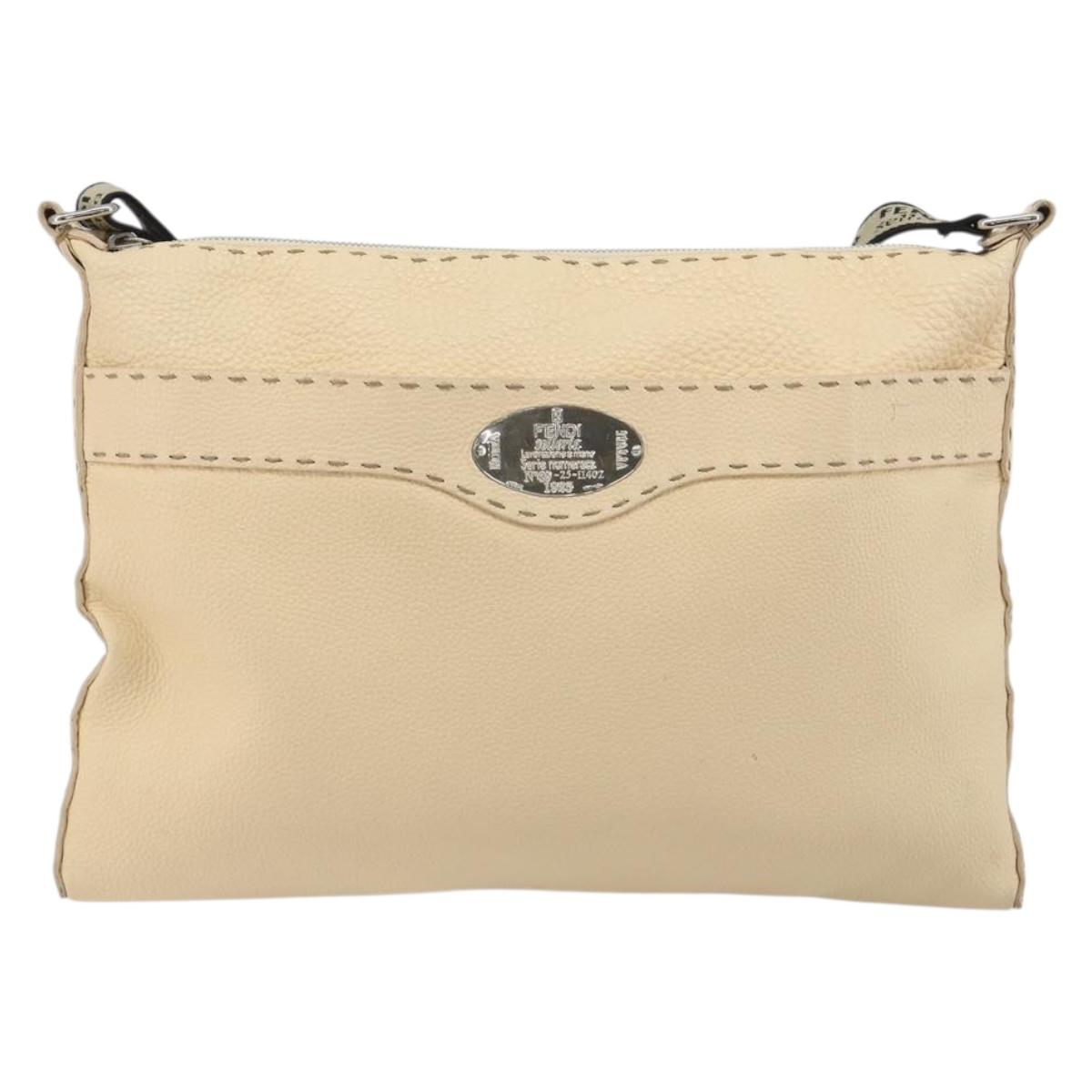 FENDI Celeria Shoulder Bag Leather Ivory Silver Auth 195647V