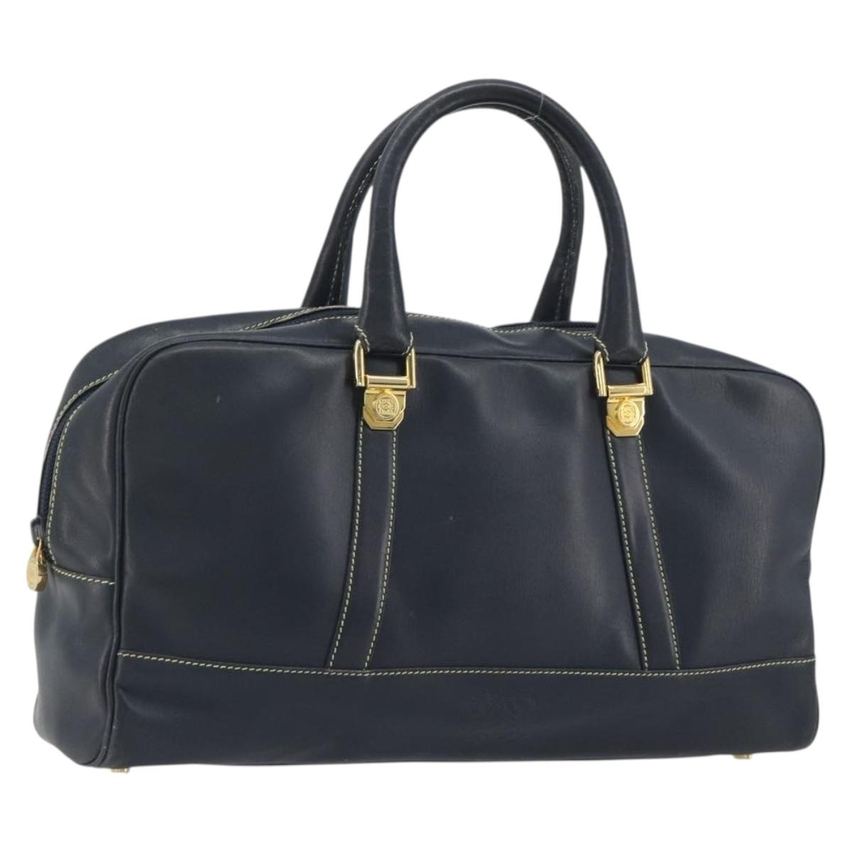 LOEWE Amazonas Hand Bag Leather Navy Gold Auth 195648A