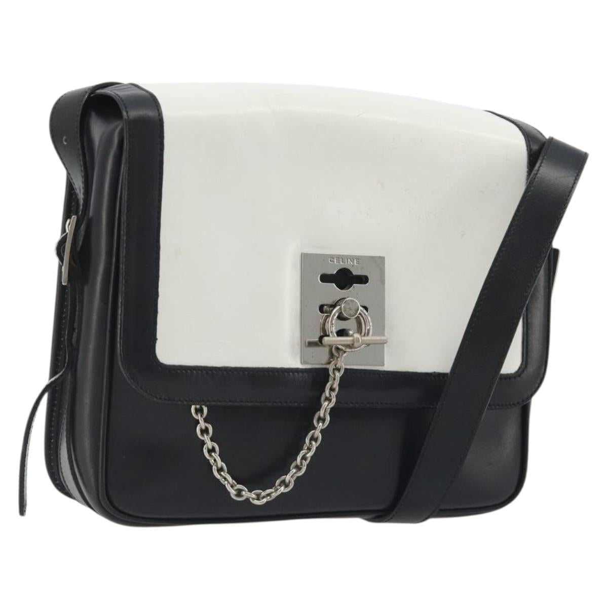 CELINE Shoulder Bag Leather White Black Silver Auth 195652