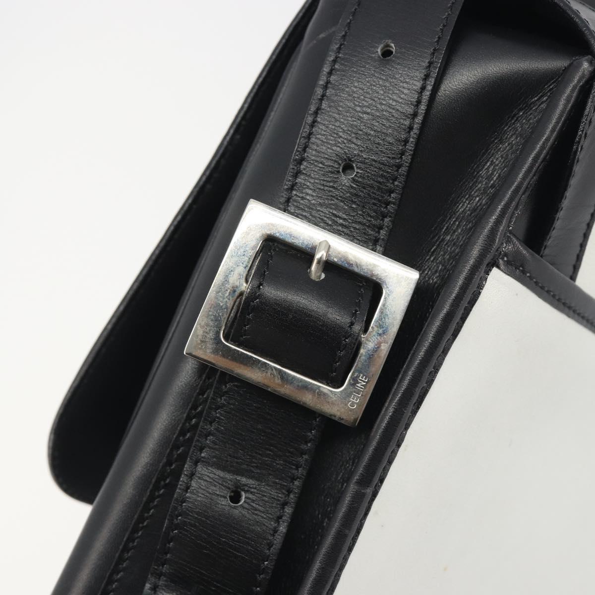 CELINE Shoulder Bag Leather White Black Silver Auth 195652