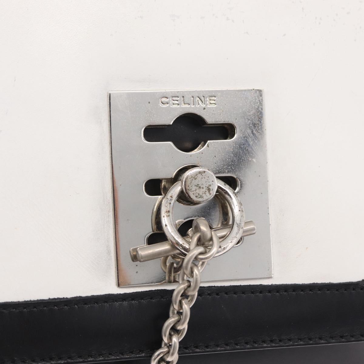 CELINE Shoulder Bag Leather White Black Silver Auth 195652