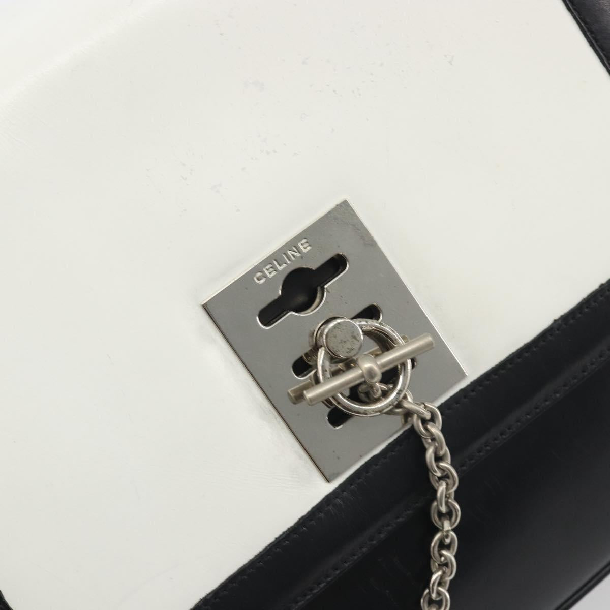 CELINE Shoulder Bag Leather White Black Silver Auth 195652