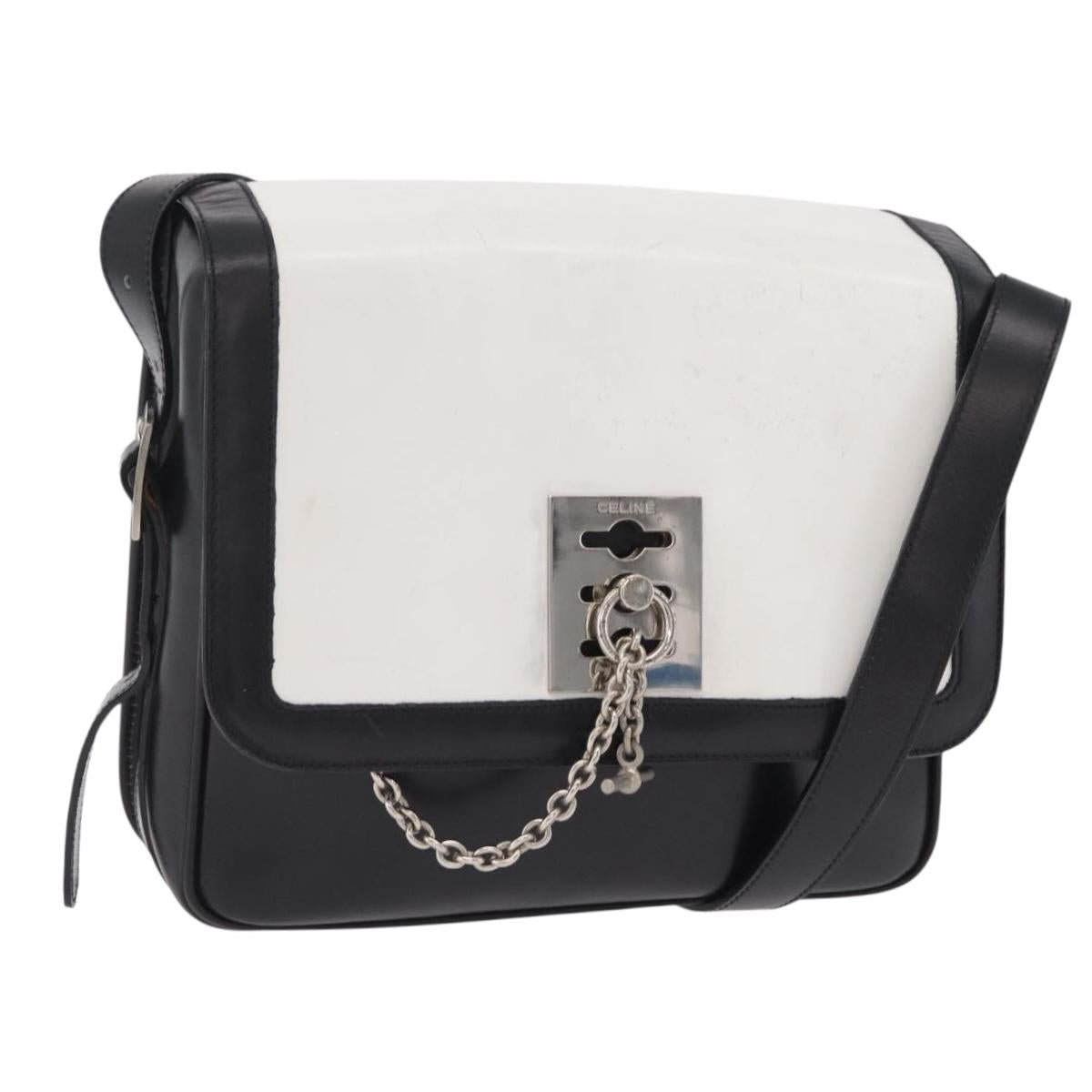 CELINE Shoulder Bag Leather White Black Silver Auth 195652