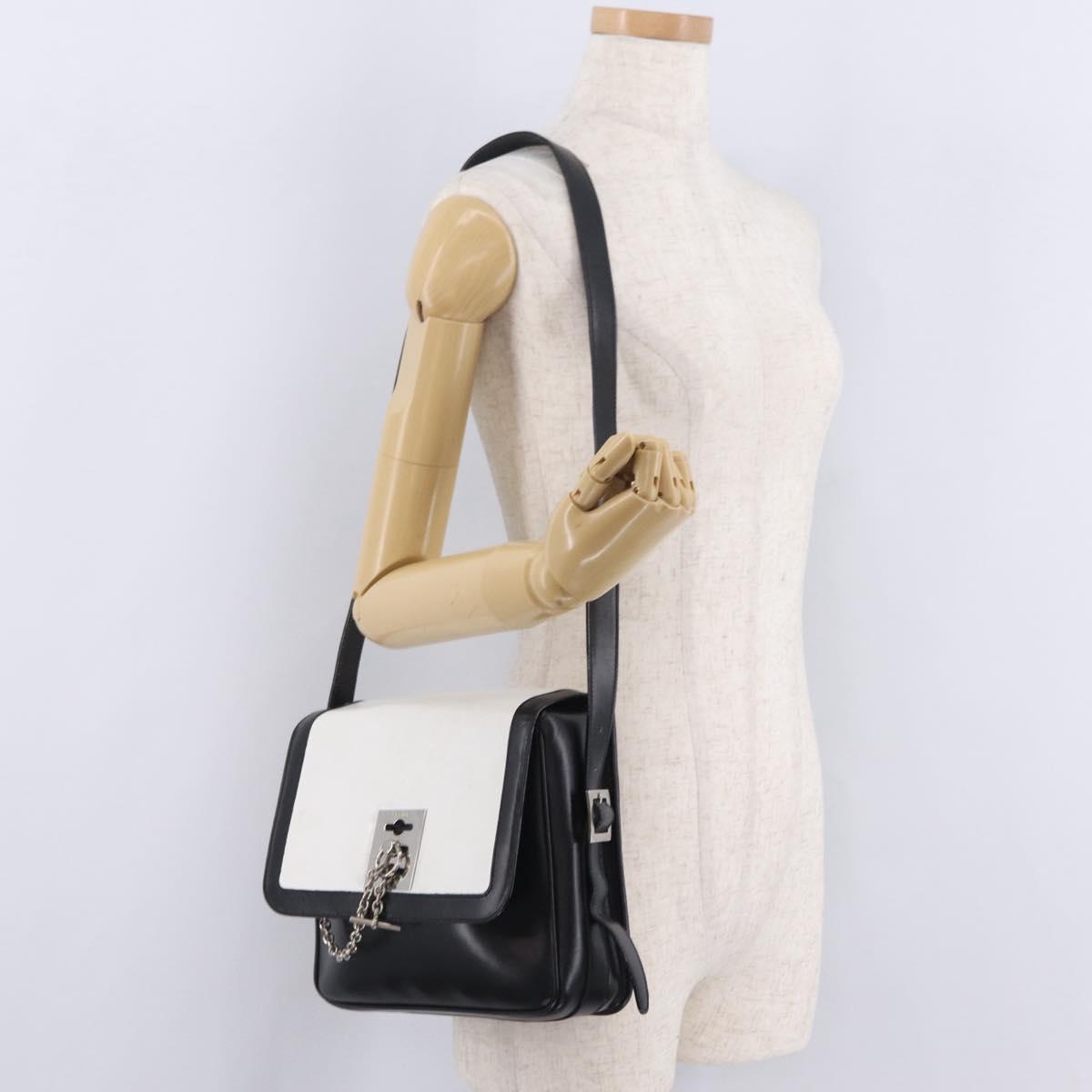 CELINE Shoulder Bag Leather White Black Silver Auth 195652
