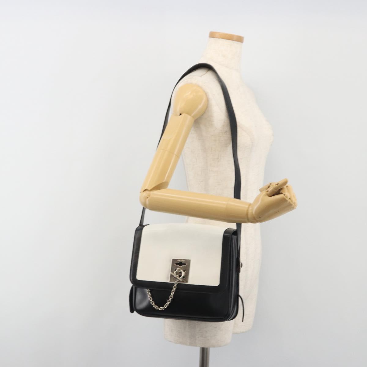 CELINE Shoulder Bag Leather White Black Silver Auth 195652