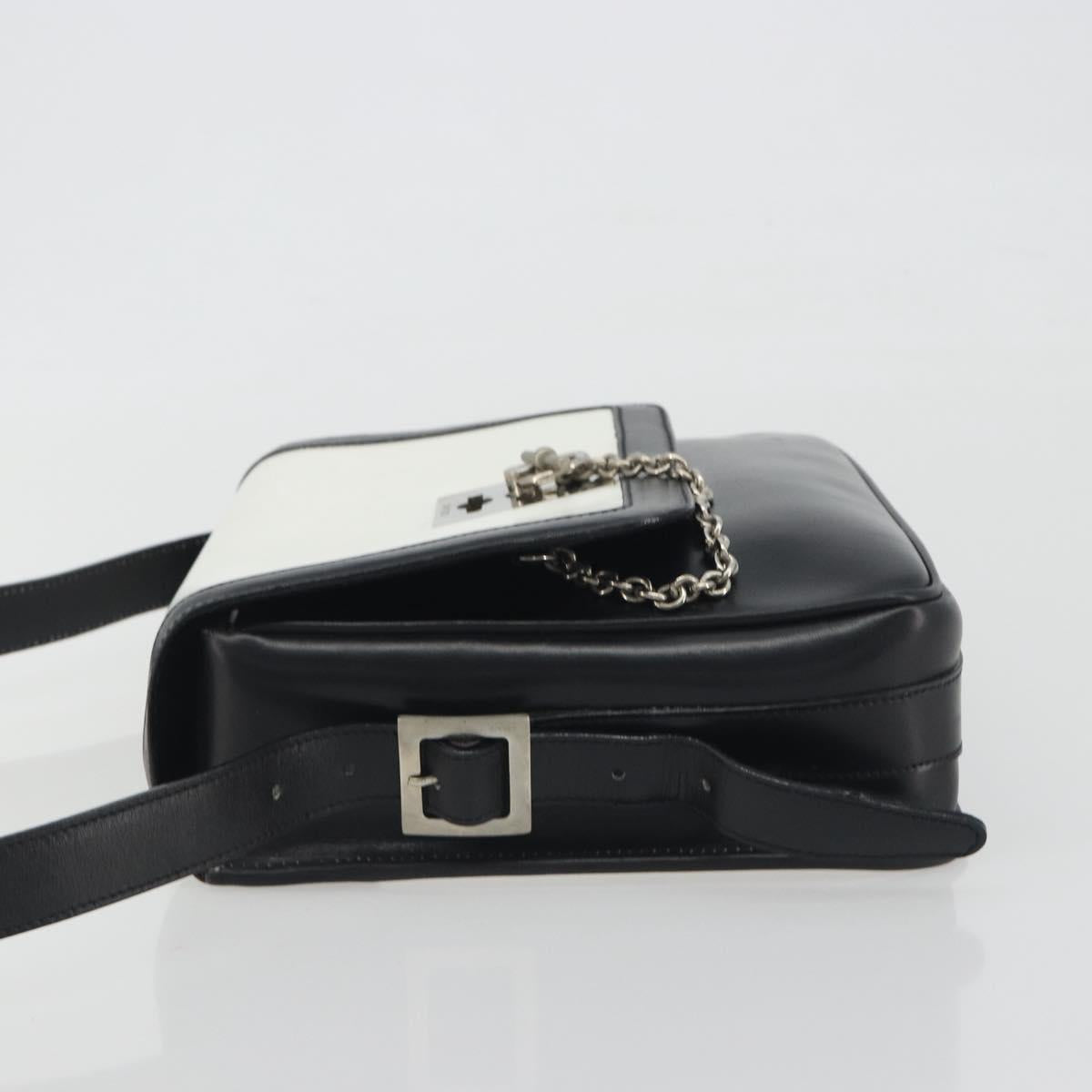 CELINE Shoulder Bag Leather White Black Silver Auth 195652