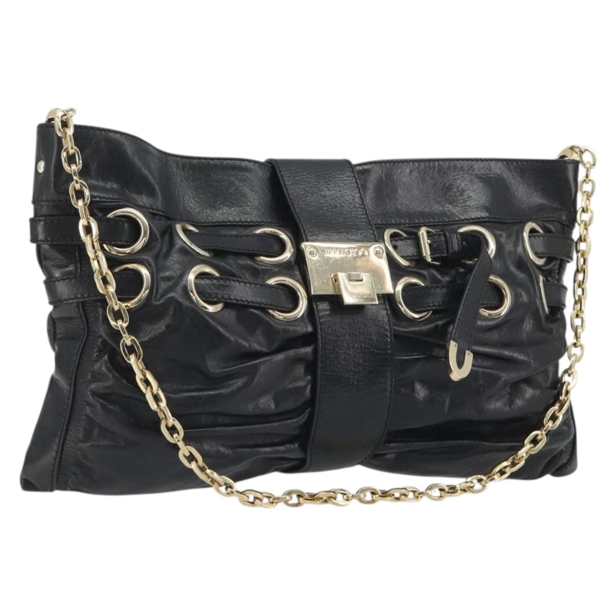 Jimmy Choo Chain Shoulder Bag Leather Black Gold Auth 195654A