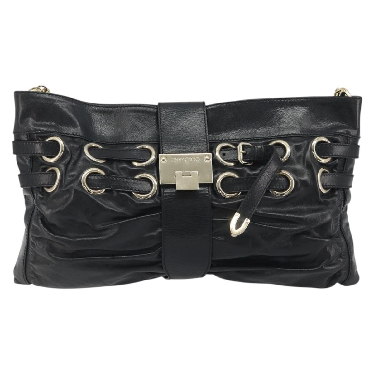 Jimmy Choo Chain Shoulder Bag Leather Black Gold Auth 195654A