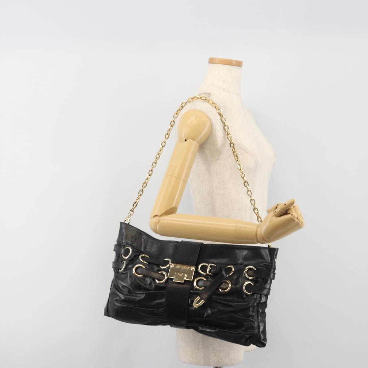 Jimmy Choo Chain Shoulder Bag Leather Black Gold Auth 195654A