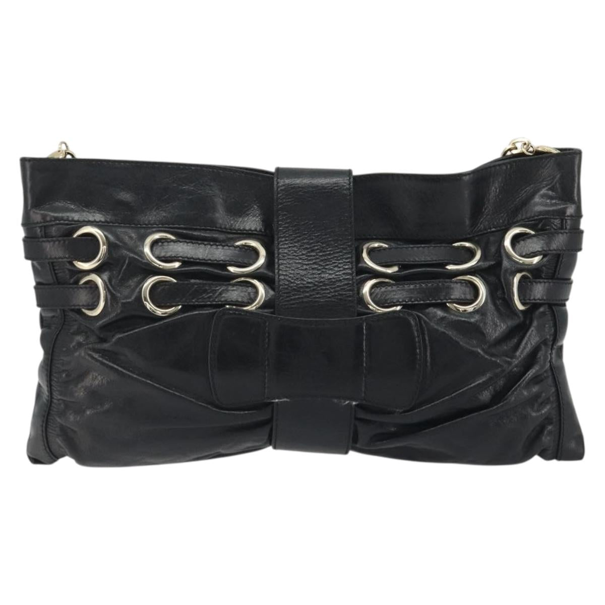 Jimmy Choo Chain Shoulder Bag Leather Black Gold Auth 195654A