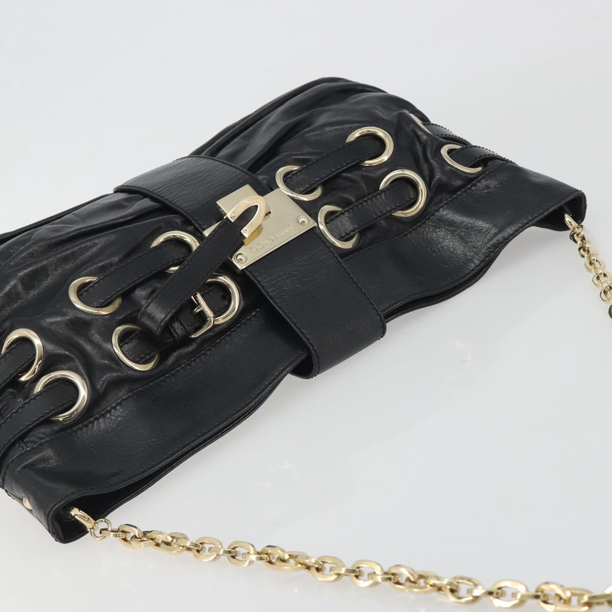 Jimmy Choo Chain Shoulder Bag Leather Black Gold Auth 195654A