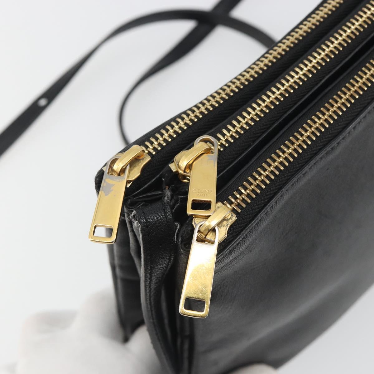 CELINE Trio Shoulder Bag Leather Black Gold Auth 195660